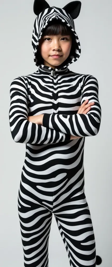 zebra-like cat lycra turtleneck unitard catsuit with a tail and zebra-like cat lycra dancewear hood with a pair of ears for asian teenager boys(must put cat whiskers makeup with marker pen)