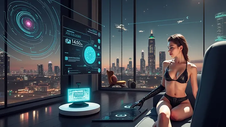 in a futuristic lit balcony, ancient lamp, indoor swing, puppy, huge glass windows. Through the windows, aerial view of Blade Runner inspired 1920s cityscapes at night,  colorful all-glass outlined towering skyscrapers, helicopter. High-resolution OLED GUI...