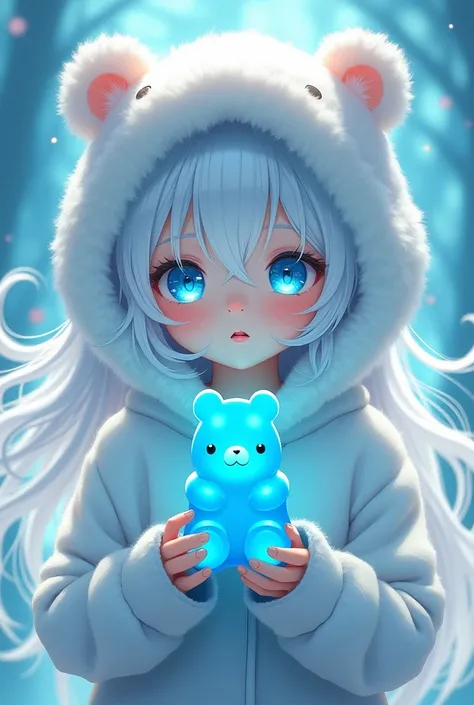 White hair bear hat with flufy  and is color cyan she a teen but cute holding a jelly bear and its color its cyan and her eyes are cyan and white