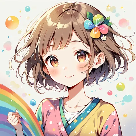 手でハートの形を作る、short hair、Brown eyes、A kind smile、Heavy rain and lightning、Rain Fairy、Painting a rainbow with paint、Blowing bubbles