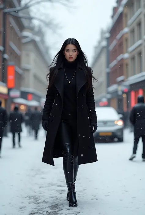 (photorealism:1.2), curvy asian women, 3,black haired,,wearing a long black coat,,black pants, black shoes, walking in the city of london, snowy weather