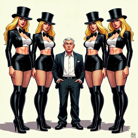 Comic Book, A short man standing in the middle, three tall wives to his right, three more tall wives to his left, the man is much shorter than his wives, all the wives are very tall and wearing Emma Frost outfit from X-men, the man in the middle is a short...