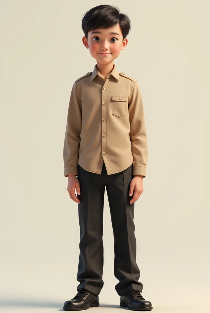 Generate a picture of boy wearing school uniform black pent and light brown shirt