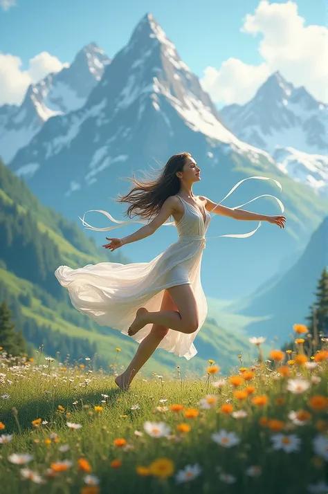 Girl dancing in mountains 
