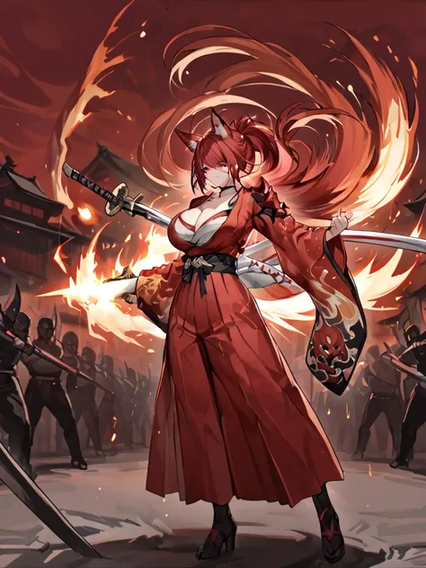  8K Top quality Masterpiece Somewhat close Long red ponytail Red fox ears Nine fox tails Very large breasts Red eyeshadow on lower eyelids Five fingers Alluring Japanese style Kimono Wearing a red jacket Long hakama Toned body Flame hell Japanese sword wit...