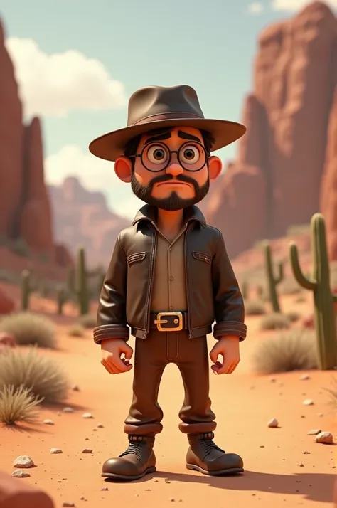 3d cartoon style man, disney pixar, with hat, no stubble, round glasses, Seriously, wearing worn leather clothes, leather slippers, with a worried expression, the setting is a desert with rocks in the northeastern backlands, it&#39;s daytime and there are ...