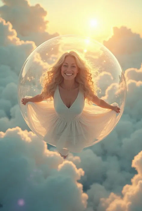 Jolie femme  cheveux très longs frisés blonds jusquaux fesses, 60 ans, flottant dans une bulle géante dans le ciel, nuage, soleil, irridescence , heureuse, yeux ouverts, 