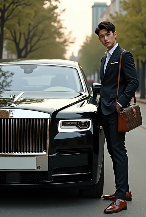 Rolls-Royce car  with logo side young asian man carring lv bag and wearing a Lv dressing 