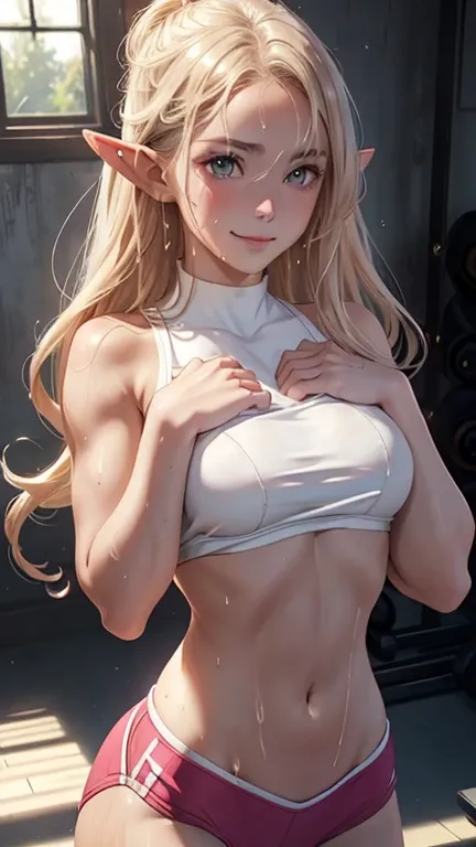 masterpiece, Highest quality, Highly detailed CG Unity 8K wallpapers,((whole body)), ((gym)), (１2歳のとてもcute少女1人), (Long pointy ears), Elegant long wavy platinum blonde hair, (toned and slender body, Doing exercises), ((Average Chest Circumference, Self-illu...