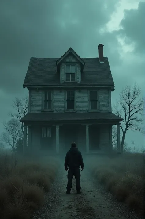 Please generate a image of a Honted house, and a man standing here. Dangerous view