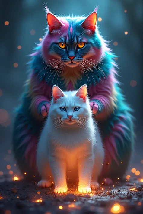  Protective Pose Against the Enchantress**
- a multi colour cat steps in front of beutifull white cat, his rainbow fur glowing fiercely as he protects her from the dark magic of the enchantress. Celestia stands behind him, her sapphire-blue eyes filled wit...