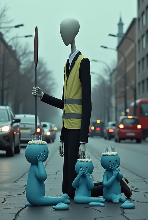 Slender man mannequin on his knees working in traffic as a traffic warden,  sad blue birthday cakes with hand on face crying