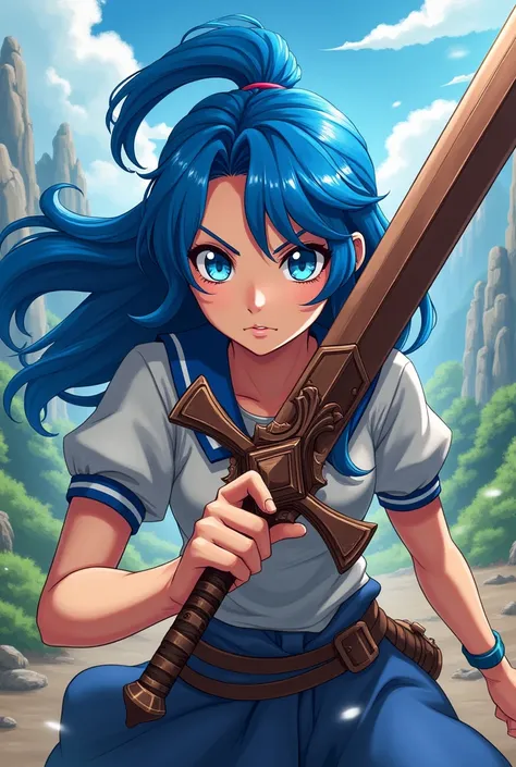 Make me a character with blue hair, holding a brown sword and blue eyes, anime art