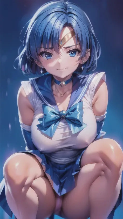 EPsmSailor Mercury,  blue hair, blue eyes, circlet, choker, earrings, blue sailor senshi uniform, white elbow gloves, yellow bow, blue skirt, blue long ブーツ, looking at viewer, serious, smirk, squatting, Open your thighs wide to the left and right, Showing ...