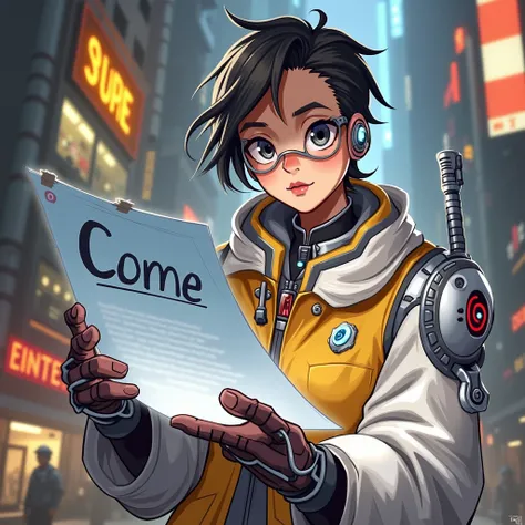 A tracer holding a piece of paper with the word come written on it