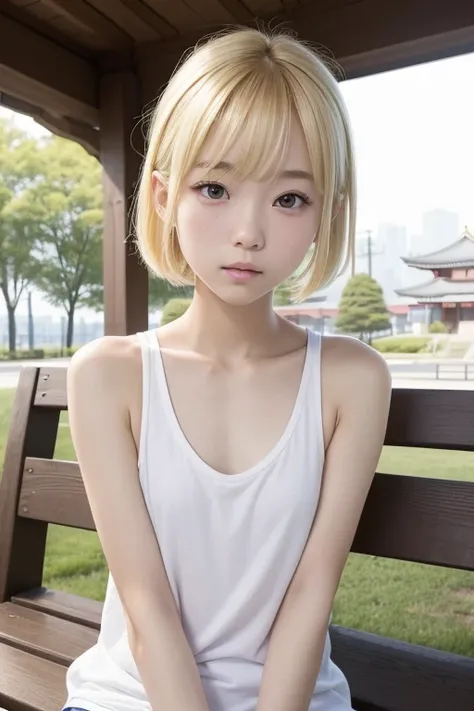 (Real),８KCG,High resolution,Create a photo of a Korean Asian teenager,beautiful girl, ((Blonde)),9yo,Narrow eyes:1.5,Slim Face,Underarm,White tank top,No arm hair,Small Face,Slim Face,Ask,Sit on outdoor park bench,
1人の女の子, 足をフレーム外へ,(((もっと平らな胸:1.5))), mostr...