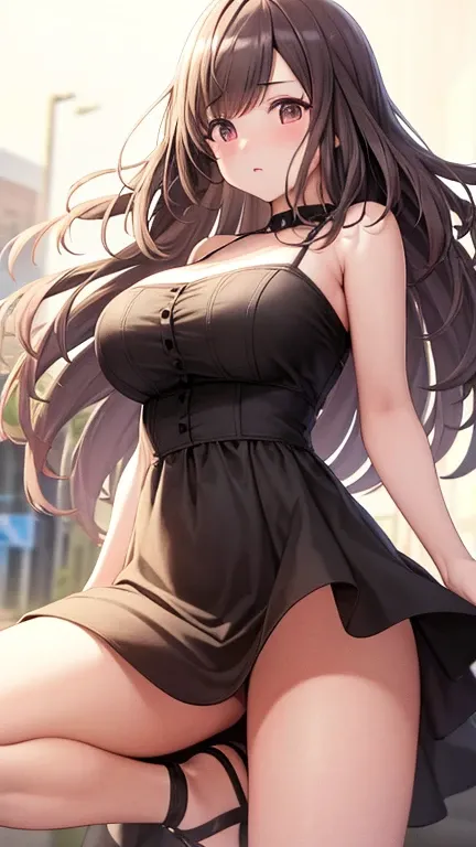   ((High resolution, masterpiece, Highest quality, Anatomically correct body structure, Very detailed, Textured skin, ))､One Girl,bangs,Long Hair,Large Breasts,Black Hair､Light brown dress、Dark brown mini flare skirt,white ankle strap sandals, combing her ...