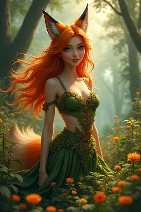 Beautiful fox woman。鮮やかなオレンジ色の髪がふわりand風になびき、Distinctive pointed ears。She&#39;s in the deep woods、緑の葉や色andりどりの花々Surrounded by、Smiling gracefully。Clothing is made from natural materials、Featuring leaf and floral motifs。In the background a dark tree々and、The l...