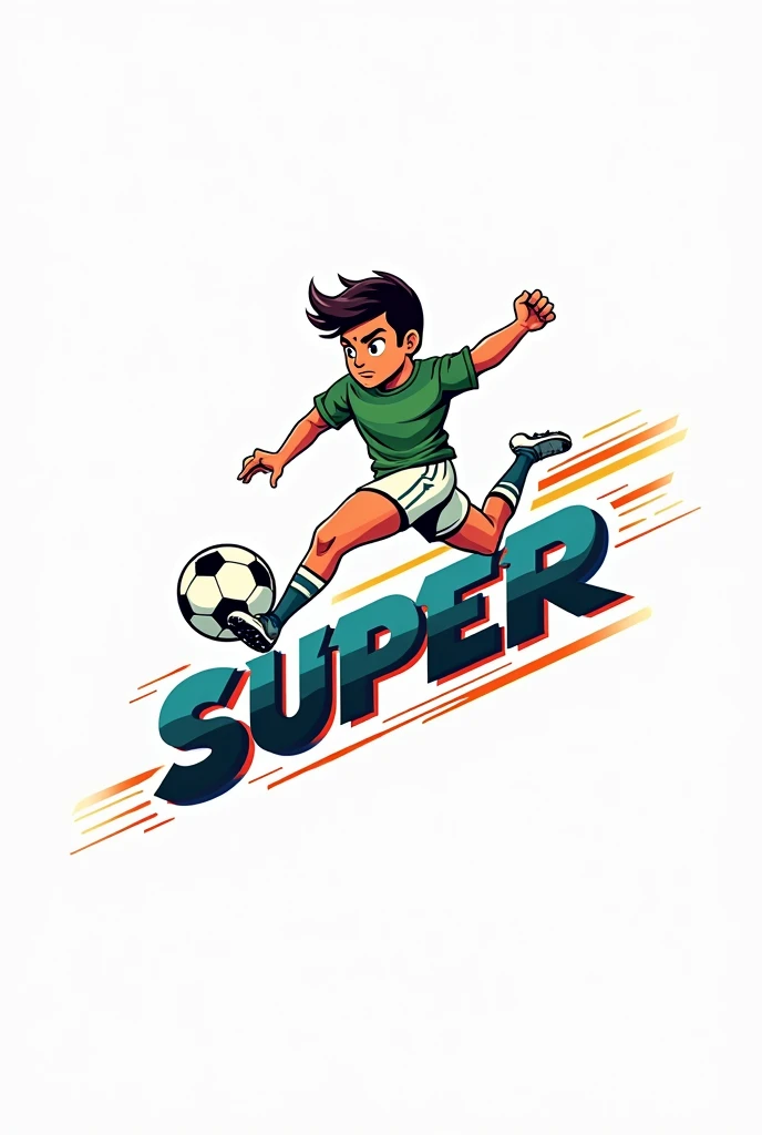 A cartoon mascot logo a soccer player kicking a ball in a dynamic pose.The player is facing the viewer with a determined expression, wearing a green jersey and white shorts. The logo features the word "SUPER" in bold with typographic.The background is a wh...