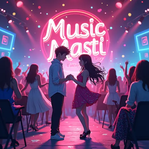 Music Masti Live text logo with cute anime couples in neon lights 