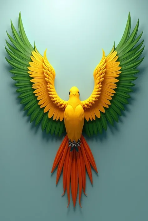 Create a hyper-detailed, vibrant 8K image of large, majestic wings inspired by the feathers of a tropical parrot. The wings should have a gradient of bright green, yellow, and orange feathers, with realistic texture and depth. No face or body should be pre...