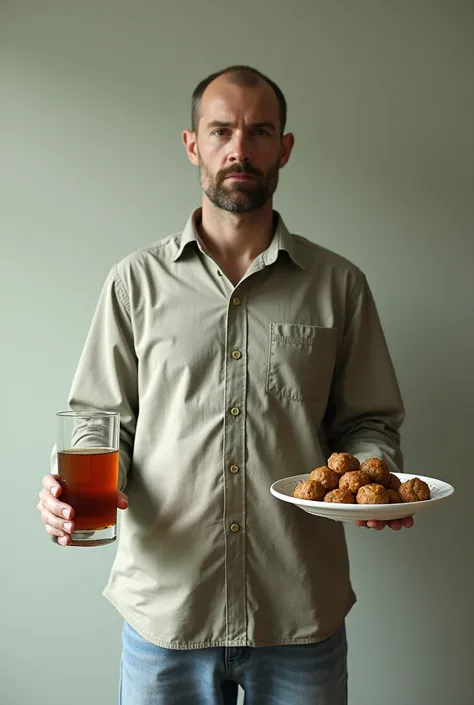 A man standing without a head holding sweet iced tea in his left hand and meatballs in his right hand