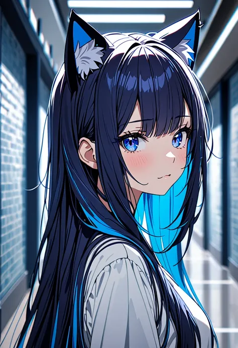 8K Ultra High-Quality, ultra-detailed, High quality, 2, Dark Blue hair, Neon Blue Inner layer hair, Long hair, Cat ears, neutral expression, close up, hallway background