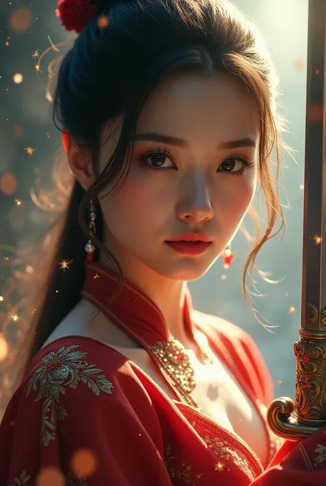 (looking up at viewer, close up), digital art ilustration, depth of field, cinematic light, chiarosaurio, mist, particles, sparks,reflections, a female princess (princess Mulan, Dilraba Dilmurat) wearing chinese princess dress holding sword, holy light, ci...