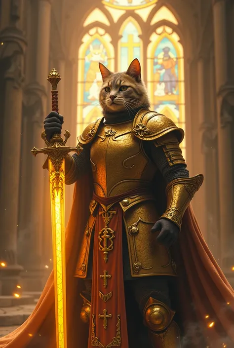 Holy Crusader Cat: A devout cat warrior clad in golden, cross-adorned armor, wielding a gleaming sword blessed by the gods. The cat stands in front of a grand cathedral with glowing stained glass windows depicting divine feline figures. Rays of heavenly li...