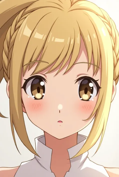 Anime style. Woman, blonde hair, medium length, braided in a high ponytail. the eyebrows are horizontal. the eyes are brown, almond-shaped. the lips are thin, pale pink. the shape of the face is round.
