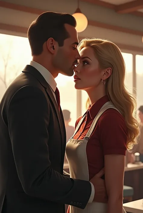 A well-dressed man with his mouth in the ear of a blonde woman in a waitress uniform, with a very surprised face in a diner at day.