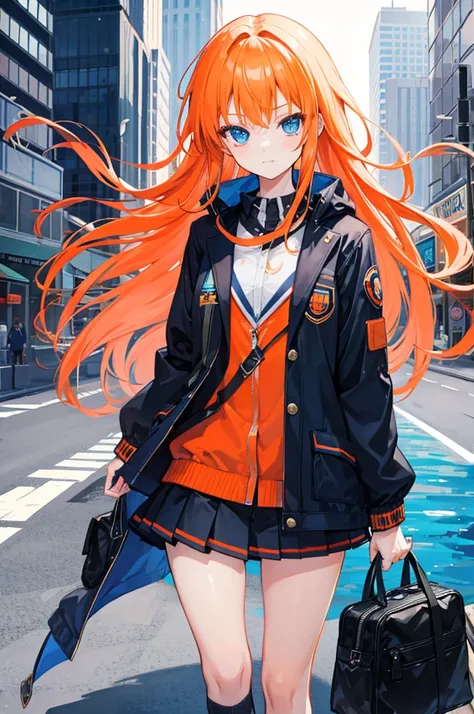 Orange hair, blue eyes, long hair, young girl, modern style, jacket, young girl, not smile face, school background