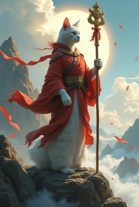 Buddhist Cat Monk Warrior: A serene cat warrior dressed in flowing monk robes, standing on a mountaintop temple, with a staff inscribed with sacred Buddhist symbols. The cat radiates calm power, and the temple in the background is surrounded by swirling cl...