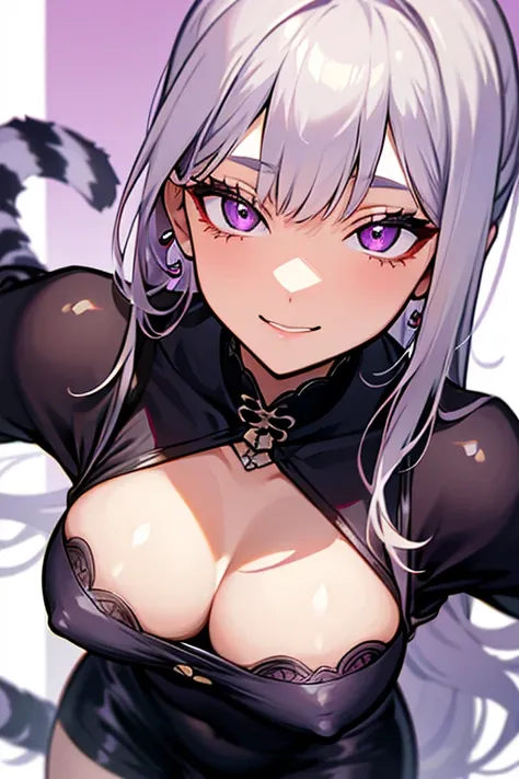 resolution, anatomically correct, accurate, 最佳quality, detail, 高detail, HD model, high quality, quality, Very detailed, Ultra HD, Textured skin, long hair, Bangs, silver hair, Chest, Big breasts, earrings, Smile, Purple Eyes, Mouth, Tiger Teeth, sony maste...