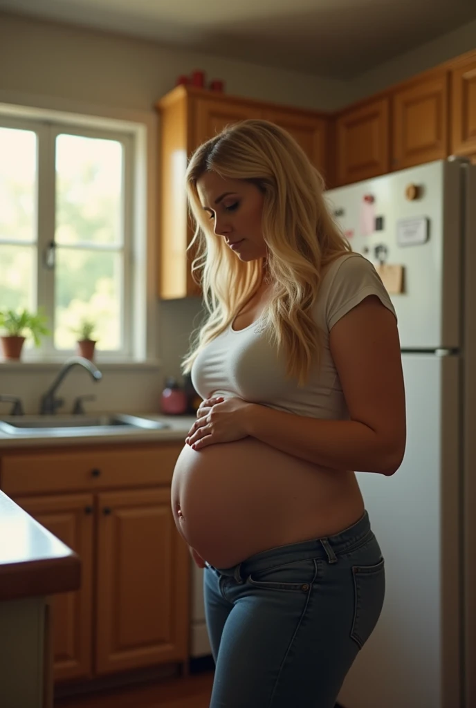 Pov view when you accidentally meet and you are facing a pregnant woman with blonde hair and a fat American body, 30 years old plus size, in the kitchen at home and are shocked to find that her stomach looks big.. 32k UHD, cinematic, ultra detail, extra de...