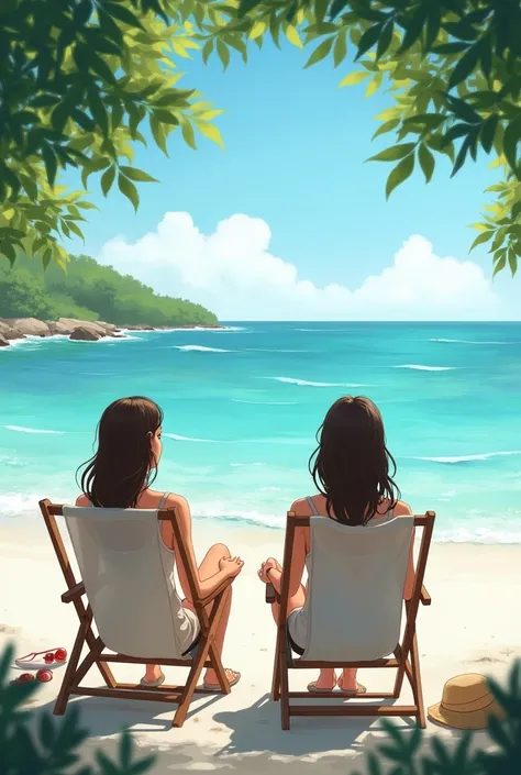 Two women relaxing on beach chair facing the sea with calm waves 