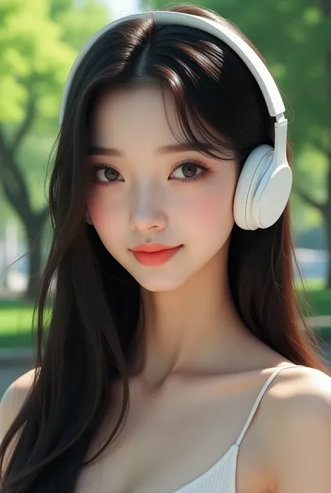 Asian beauty, 30 years old, realistic sexy, long hair, white headphones, Kyoko Koizumi lookalike, city park