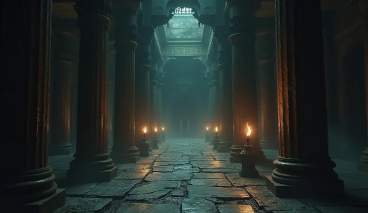 A long, dark hallway within the temple, with tall, twisted stone pillars. Faint torchlight flickers along the walls, casting unnaturally long shadows that seem to shift and move on their own. The floor is uneven and cracked, with old, faded runes scattered...