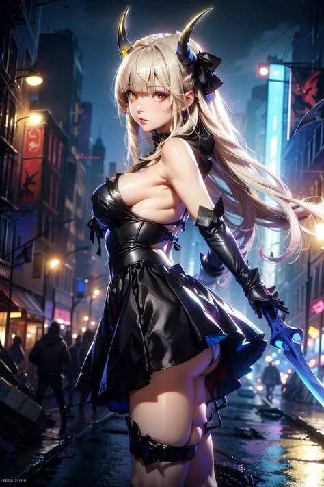 Airidimension, 1girl, solo, long hair, breasts, looking at viewer, bangs, blonde hair, gloves, dress, holding, cleavage, hair between eyes, bare shoulders, very long hair, closed mouth, yellow eyes, weapon, white hair, big breasts, horns, black gloves, elb...