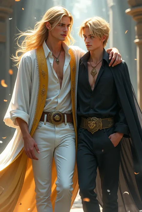 handsome boy with long blonde hair, yellow eyes, white shirt, white and gold robe, white jean, carries handsome boy with blonde messy hair, blue eyes, black shirt, black robe, black jean, 