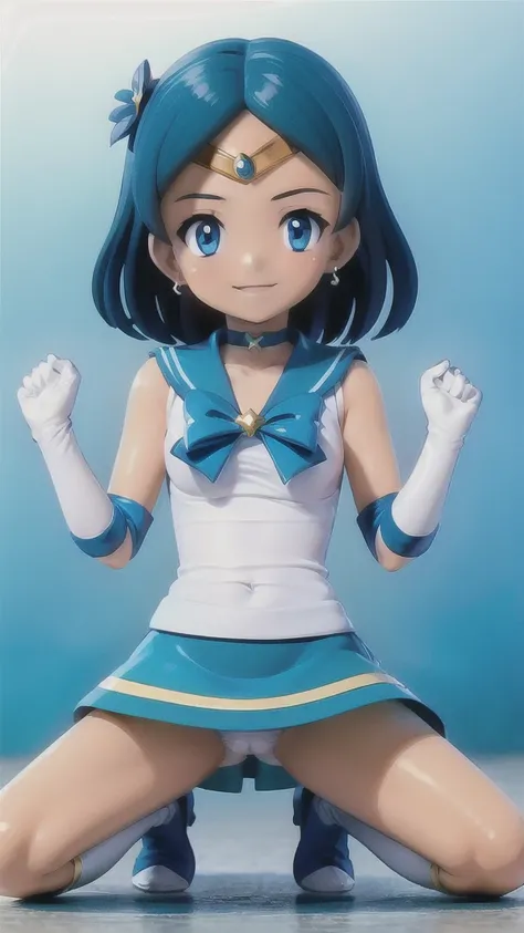 EPsmSailor Mercury,  blue hair, blue eyes, circlet, choker, earrings, blue sailor senshi uniform, white elbow gloves, yellow bow, blue skirt, blue long ブーツ, looking at viewer, serious, smirk, squatting, Open your thighs wide to the left and right, Showing ...