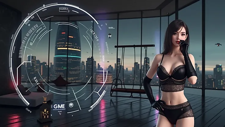 in a futuristic lit balcony, ancient lamp, indoor swing, puppy, huge glass windows. Through the windows, aerial view of Blade Runner inspired 1920s cityscapes at night,  colorful all-glass outlined towering skyscrapers, helicopter. High-resolution OLED GUI...