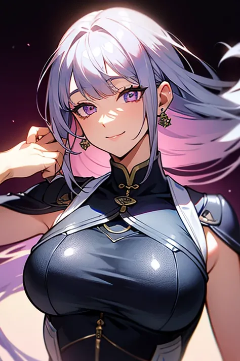 resolution, anatomically correct, accurate, 最佳quality, detail, 高detail, HD model, high quality, quality, Very detailed, Ultra HD, Textured skin, long hair, Bangs, silver hair, Chest, Big breasts, earrings, Smile, Purple Eyes, Mouth , sony master lens, hair...