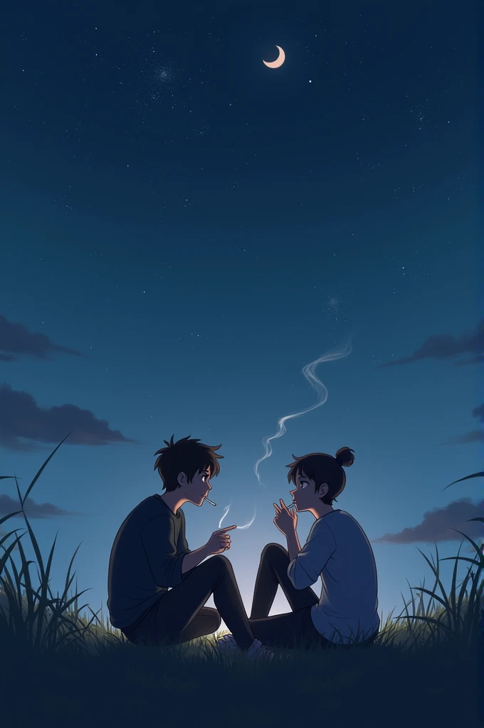 A two friends sitting under the sky in night with smoke a cigrate