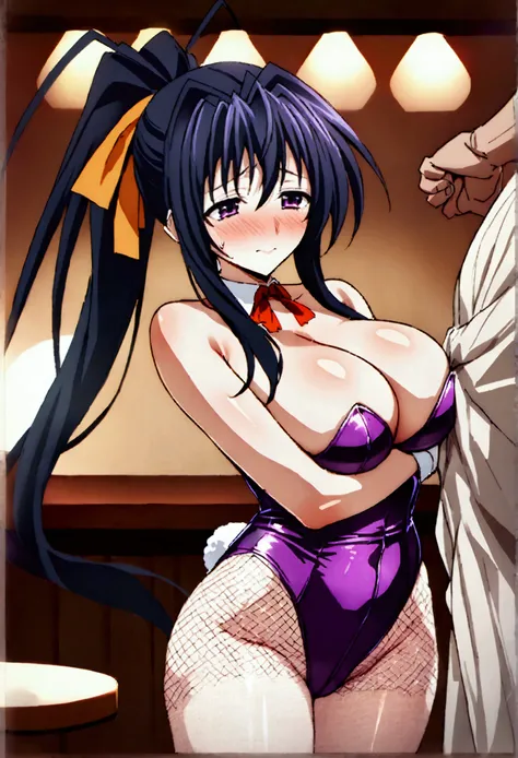 NSFW,masterpiece,Highest quality,High resolution,Very detailed,Himejima Akeno(High School DXD),Black Hair、Purple eyes、Long Hair、ponytail、Hair Ribbon,Large Breasts,Playboy Bunny,Large fishnet stockings,Embarrassed,blush,(I feel),pub,(sexual harassment),(Bei...