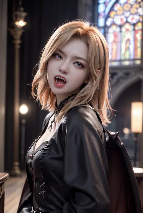 (((female vampire)))、(((angry expression)))、(((yawn)))、(((open your mouth wide)))、(((chase)))、(((blonde)))、(it has two fangs:1.7...