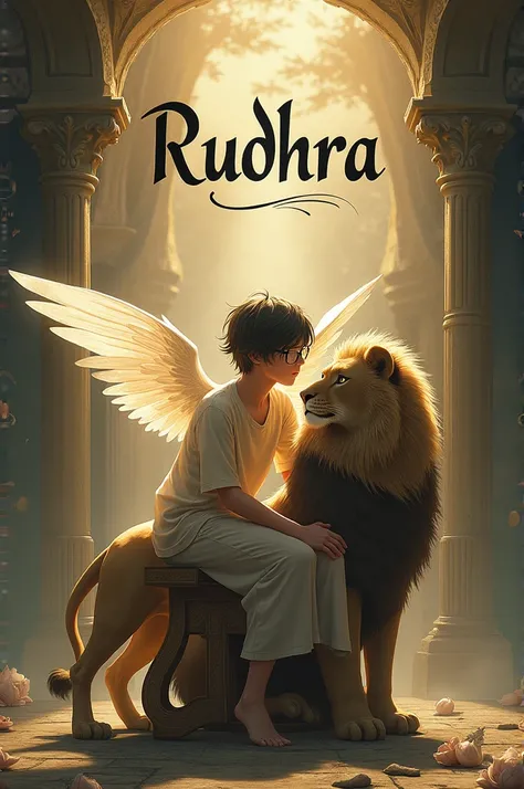 A young boy of 25 years boy with glasses , sitting on chair , have wings , with long hairs like anime , have a pet lion,in background RUDHRA was written 