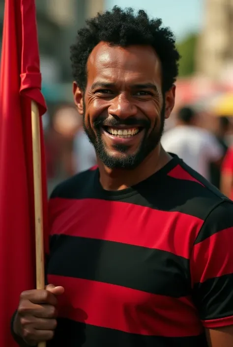 midle age man, afro latin, light brown skiin with black short curly hair, wearing black red large horizontal stripes t-shirt with maracana like back ground, human eyes, evil smile, thinking, Realism, cinematic lighting, holdin a red black flag, medium shot...