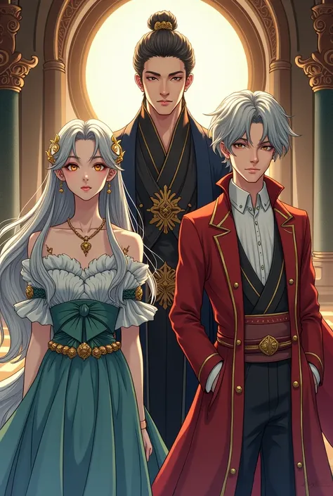 Twin woman  and man together with their father duke. Manhwa style. On silver hair and golden eye
