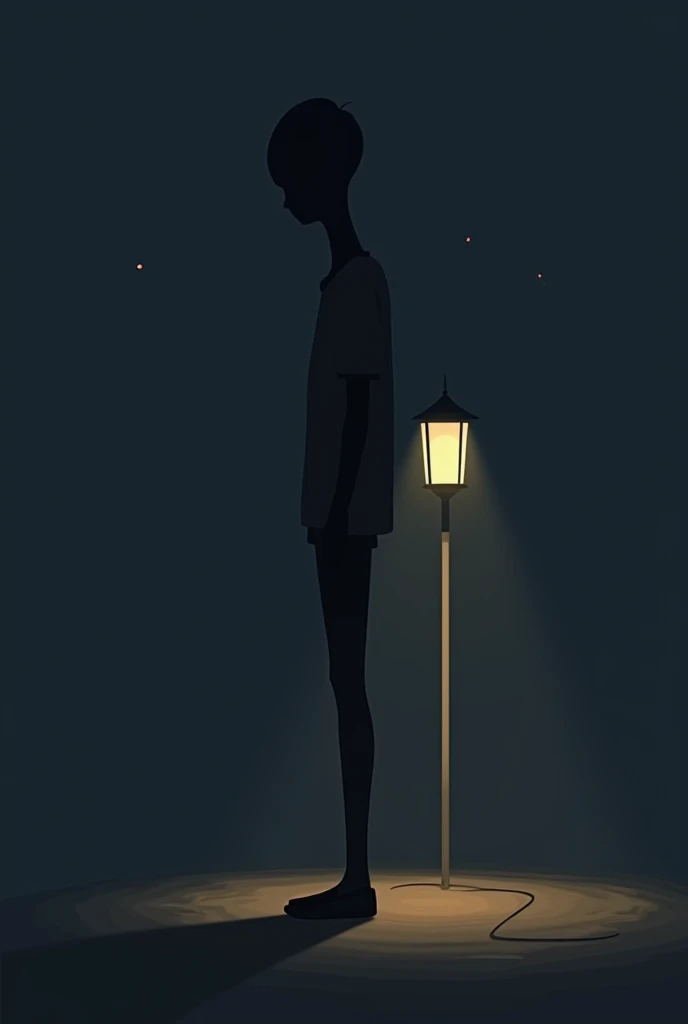 Simpler minimalistischer anime style, young tall teen stands under a lantern light at night, Instead of a head he has a long oval black neck without a head 